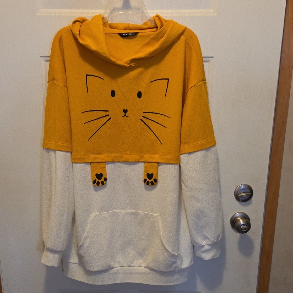 SHEIN Yellow and White Cute Cat Colorblock Hoodie
